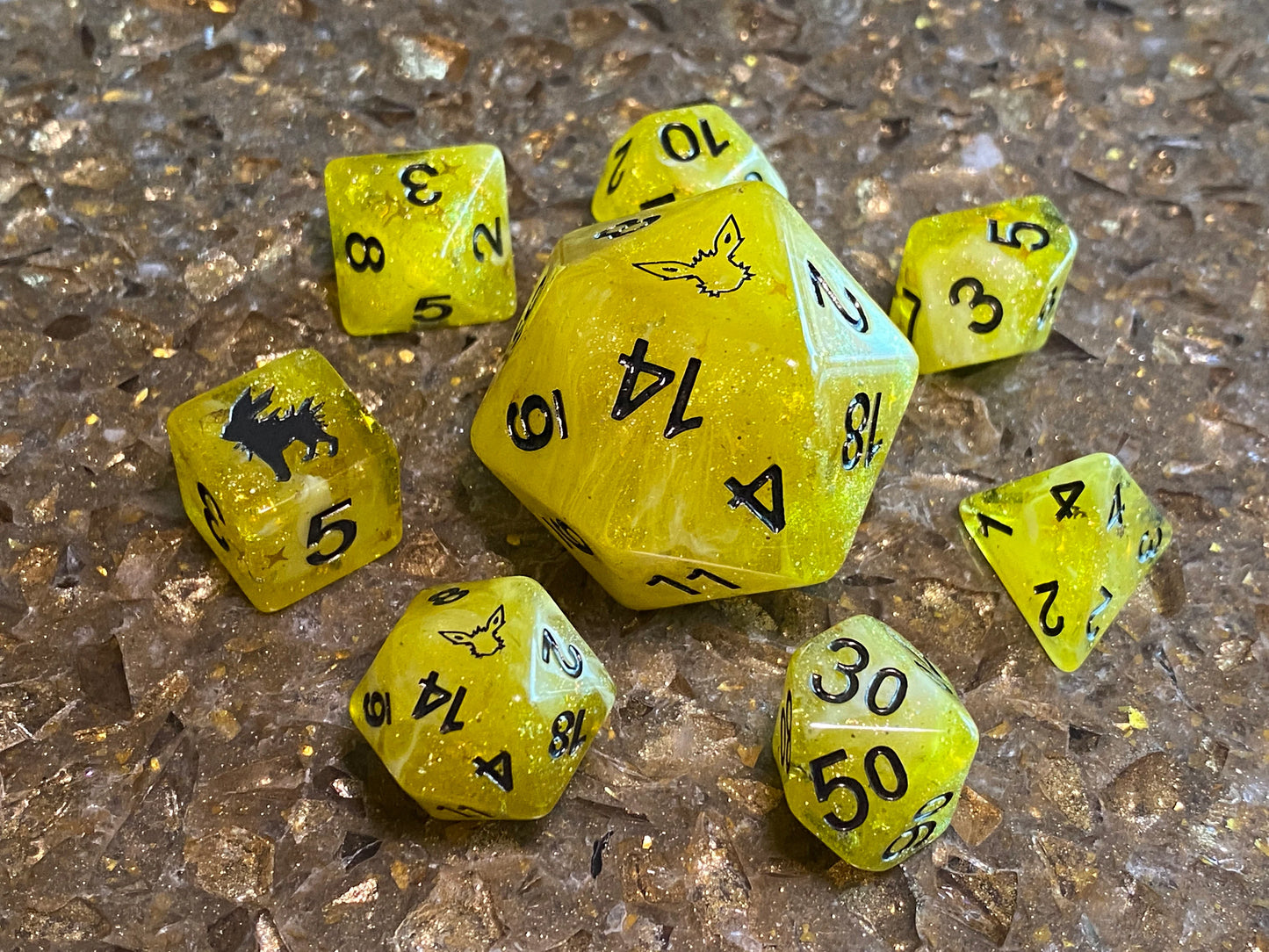 Custom Shiny Eevee Pokemon Inspired Polyset Dice Set Shiny Eeveelutions D6 RPG DnD Gaming Polyhedral Anime Art Vaporeon Flareon Jolteon
