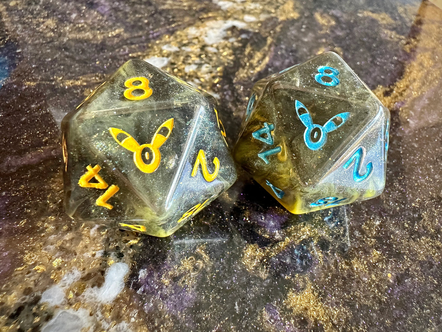 UMBREON Polydice Pokemon Inspired Polyset Dice Custom Set Shiny Eeveelutions D6 RpG DnD Gaming Polyhedral Anime Art + ESPEON Giga D20 Chonk