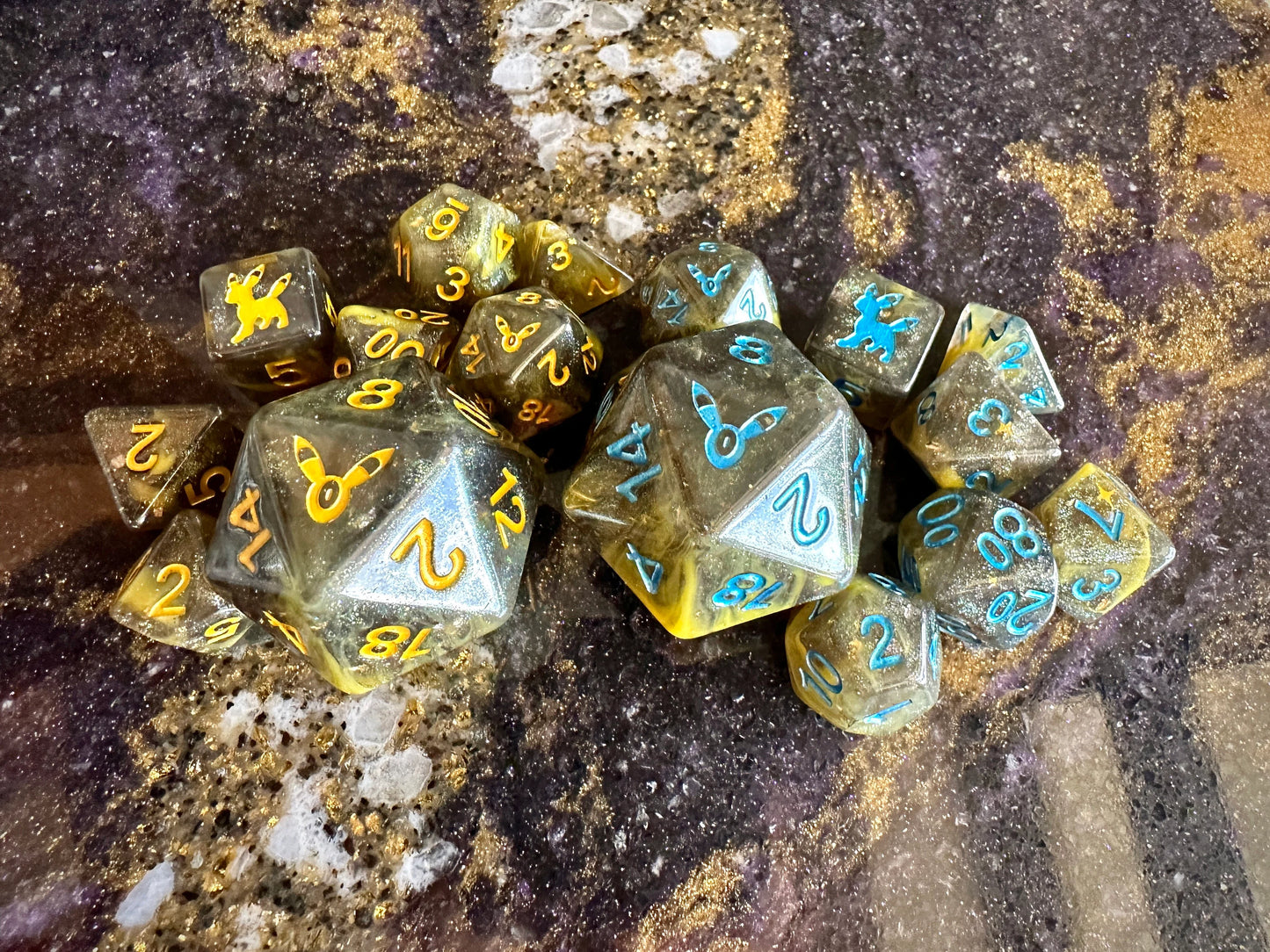 UMBREON Polydice Pokemon Inspired Polyset Dice Custom Set Shiny Eeveelutions D6 RpG DnD Gaming Polyhedral Anime Art + ESPEON Giga D20 Chonk