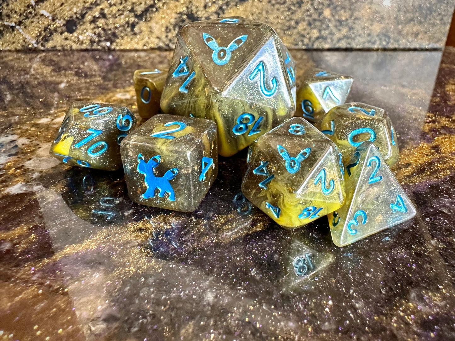 UMBREON Polydice Pokemon Inspired Polyset Dice Custom Set Shiny Eeveelutions D6 RpG DnD Gaming Polyhedral Anime Art + ESPEON Giga D20 Chonk
