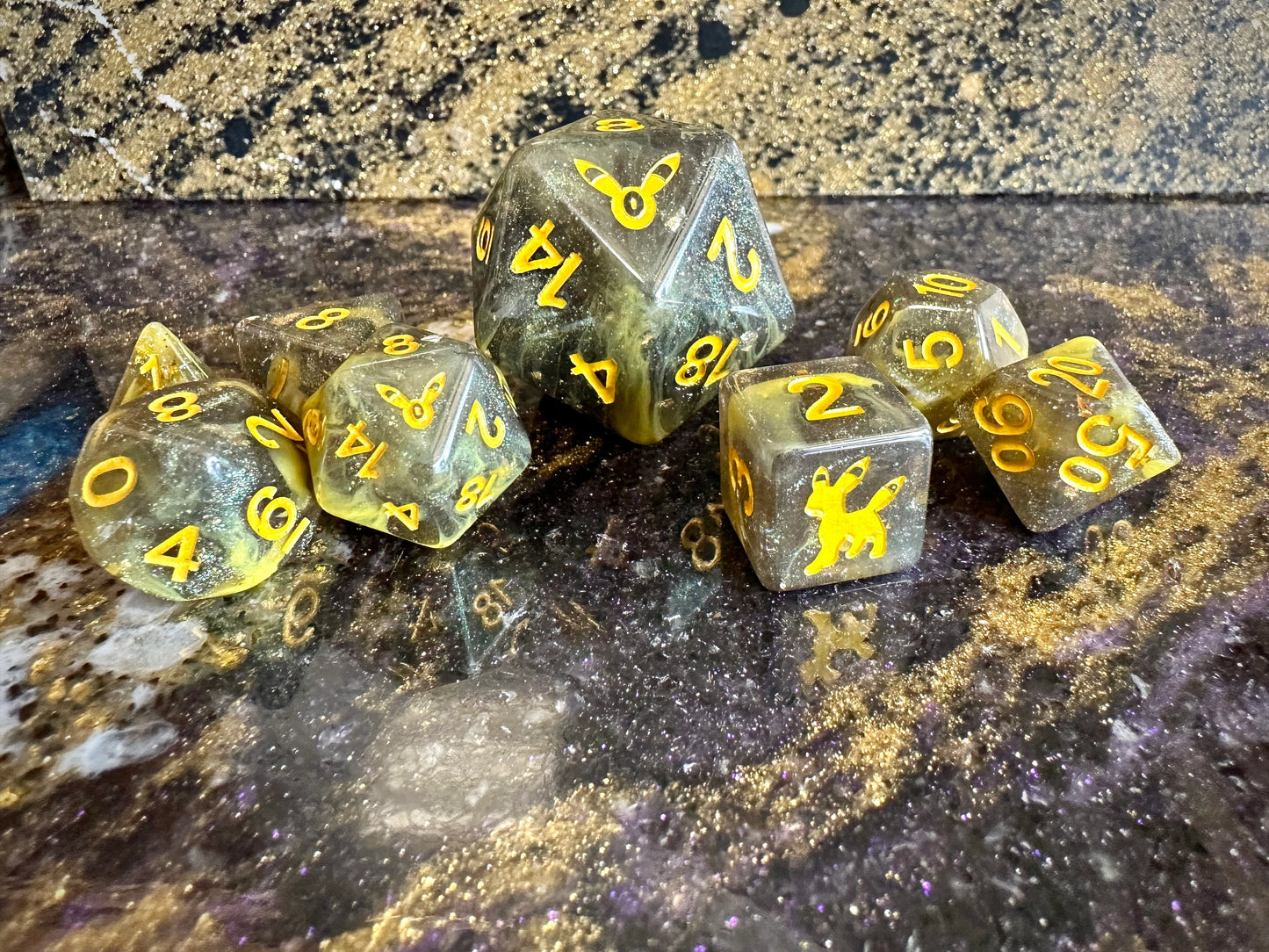 UMBREON Polydice Pokemon Inspired Polyset Dice Custom Set Shiny Eeveelutions D6 RpG DnD Gaming Polyhedral Anime Art + ESPEON Giga D20 Chonk