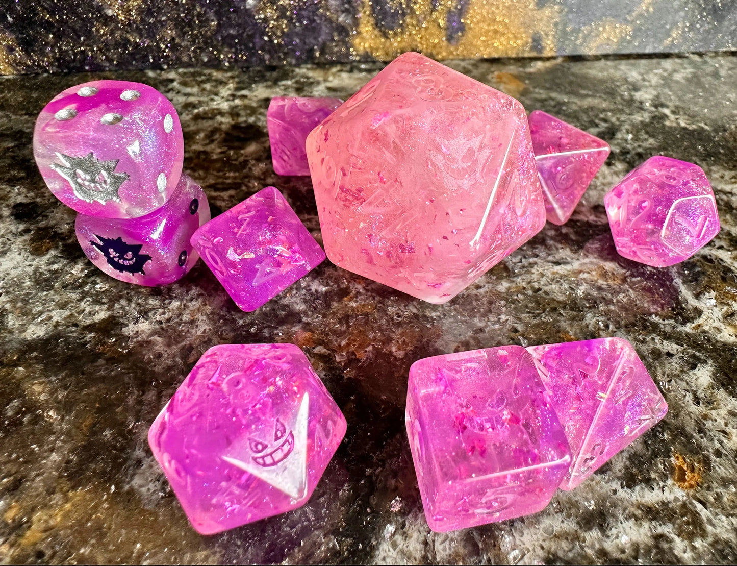 UNINKED GENGAR Pokemon Inspired Limited Custom Polyset Dice Set D6 D20 RPG DnD Gaming Polyhedral Ghost Anime Shiny Gastly Haunter Halloween