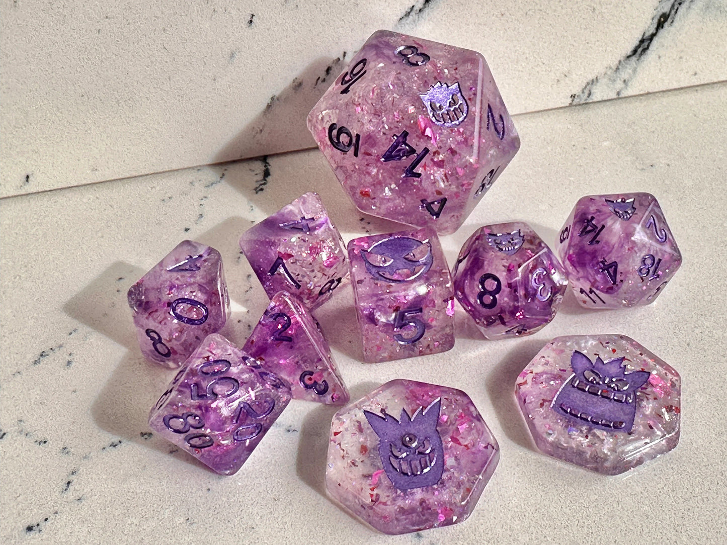 PROTOTYPE Gengar SHINY Pokemon Inspired Limited Polyset Dice Set D6 D20 RPG DnD Gaming Polyhedral Ghost Anime Art Eeveelutions Vaporeon