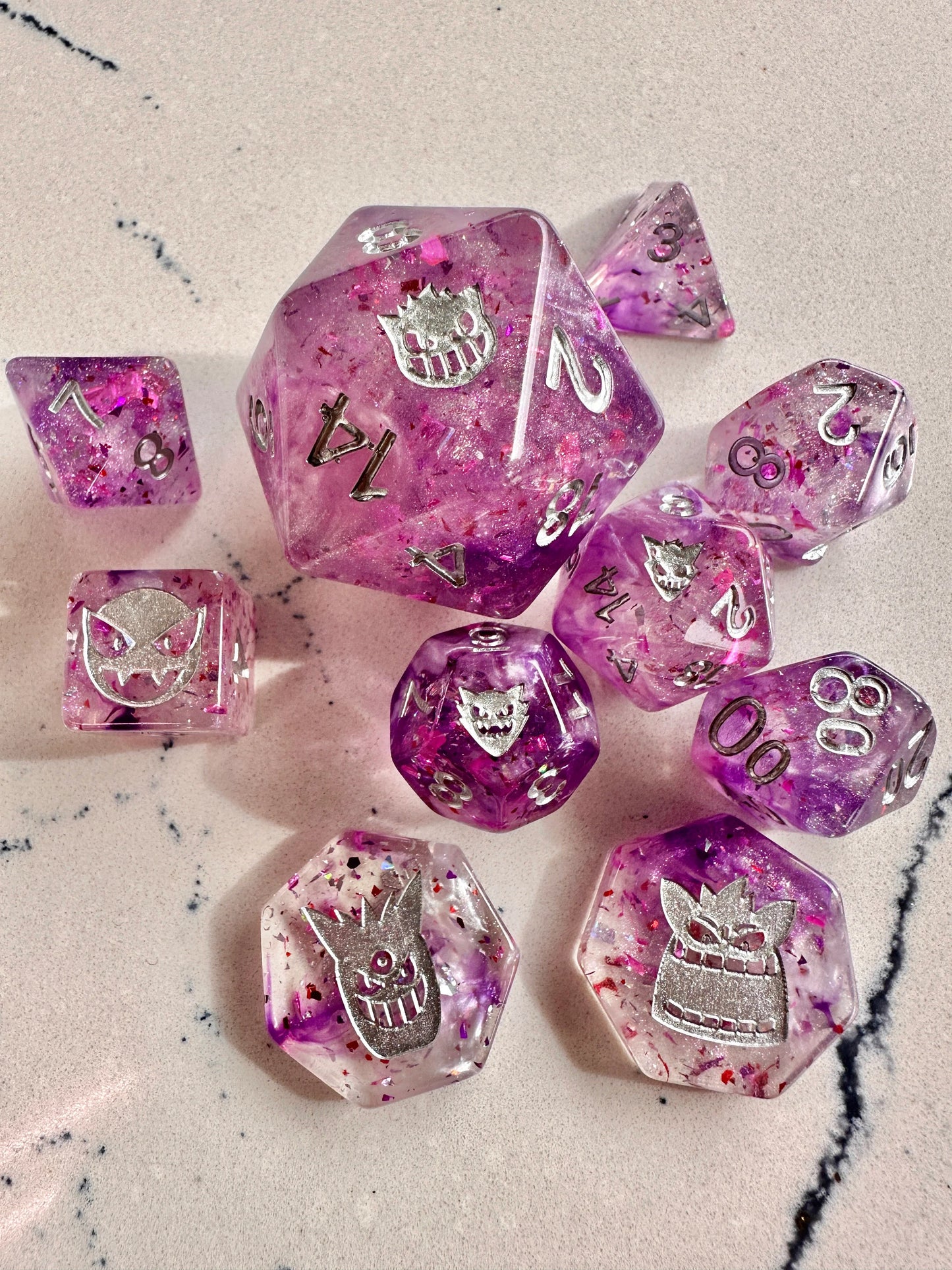 Custom Pokemon Shiny Gengar Inspired 10 Dice D&D Polyset D6 D20 35mm GXEX DnD Polyhedral