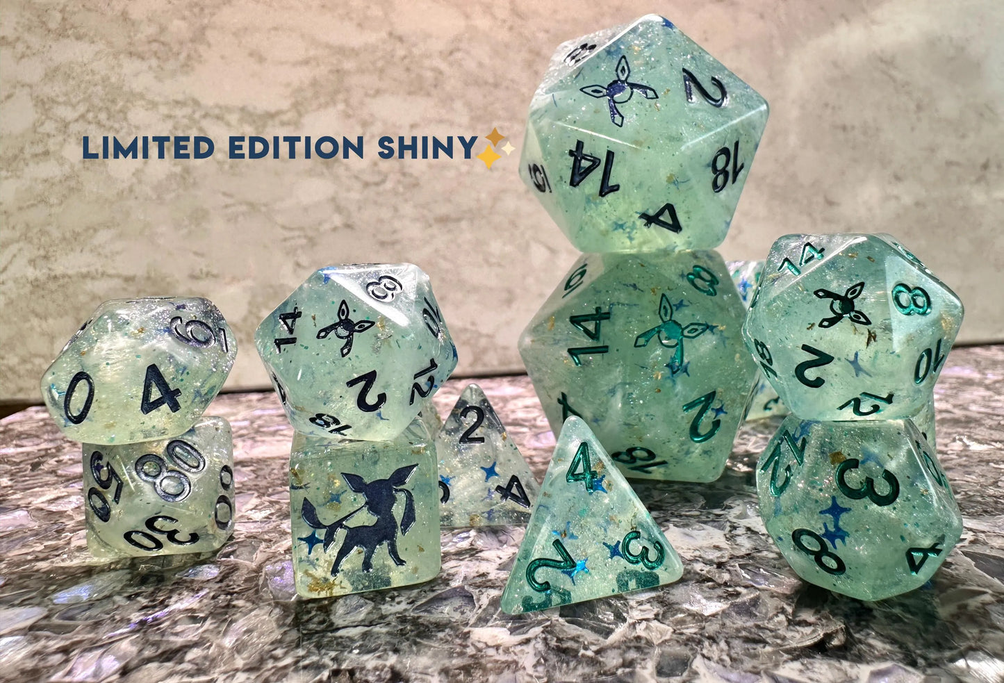 Glaceon Polydice Giga D20 Dice Pokemon Inspired Polyset Custom Set Shiny Eeveelutions D6 RpG DnD Gaming Polyhedral AnimeArt