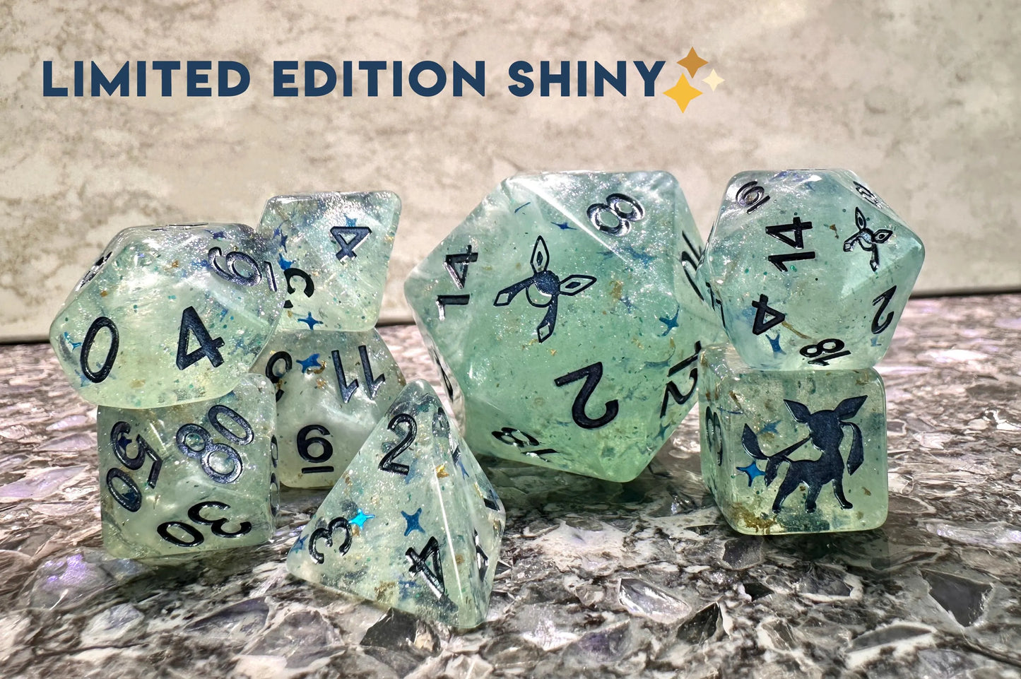 Glaceon Polydice Giga D20 Dice Pokemon Inspired Polyset Custom Set Shiny Eeveelutions D6 RpG DnD Gaming Polyhedral AnimeArt