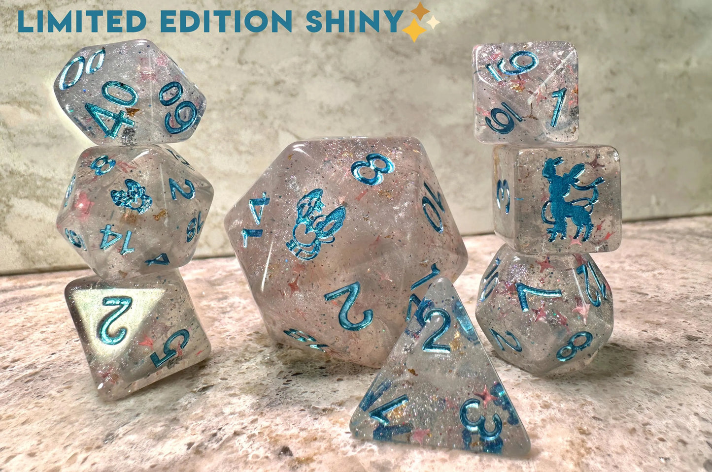 Sylveon Polydice Giga D20 Dice Pokemon Inspired Polyset Custom Set Shiny Eeveelutions D6 RpG DnD Gaming Polyhedral AnimeArt