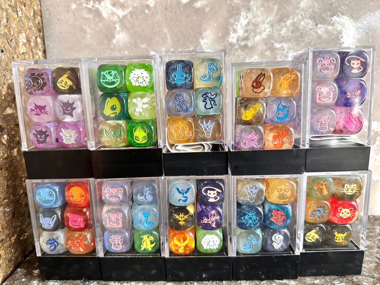 Pokemon Inspired 6 Dice Team D6 RPG DnD Gaming Polyhedral Anime Art Lucario Pikachu Venusaur Persian Growlithe Suicune Mew Lugia Tochic