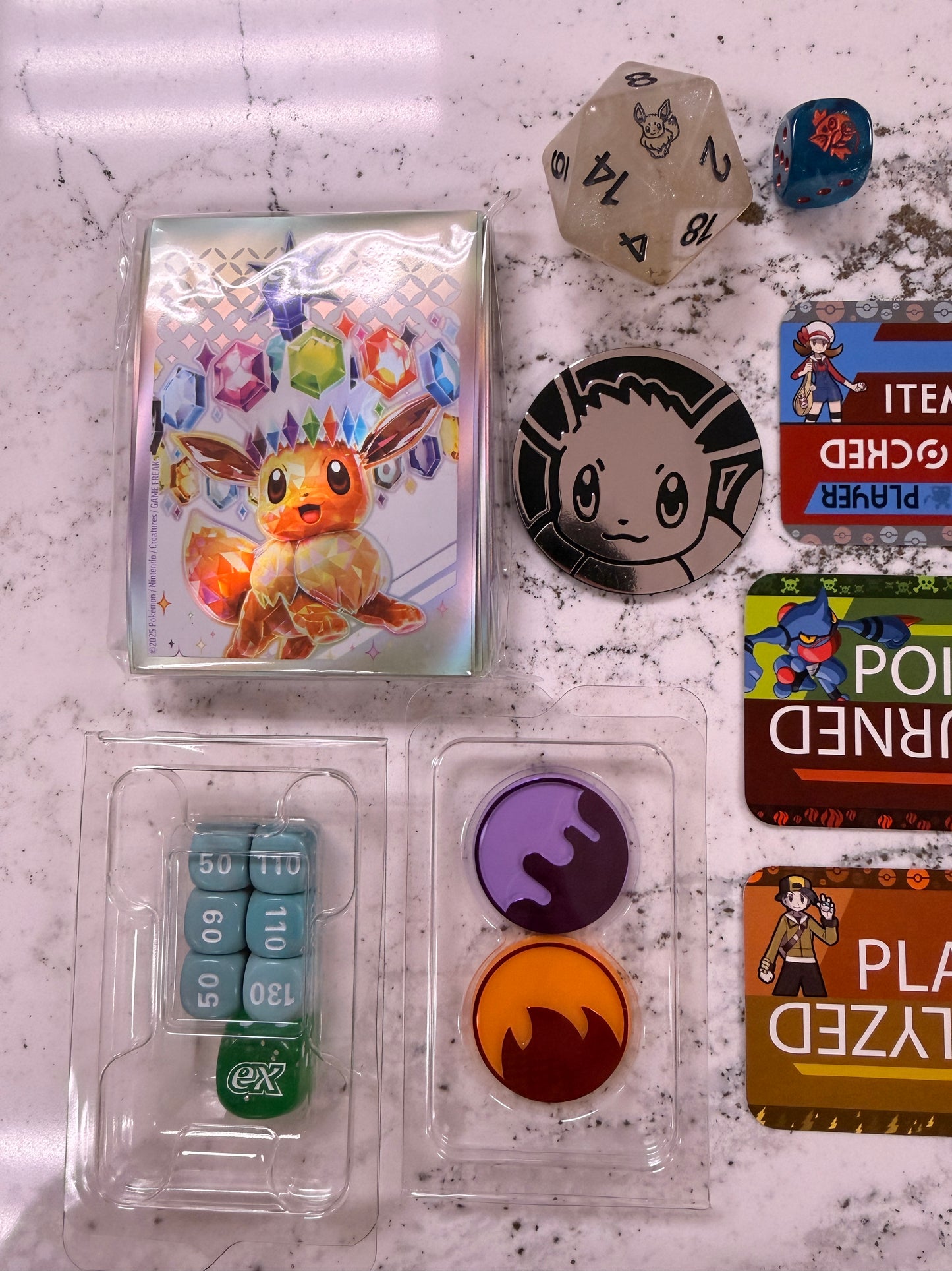 Pokemon Master Mystery TCG Box Dice Deck Sleeves Coin Status Markers D6 ETB